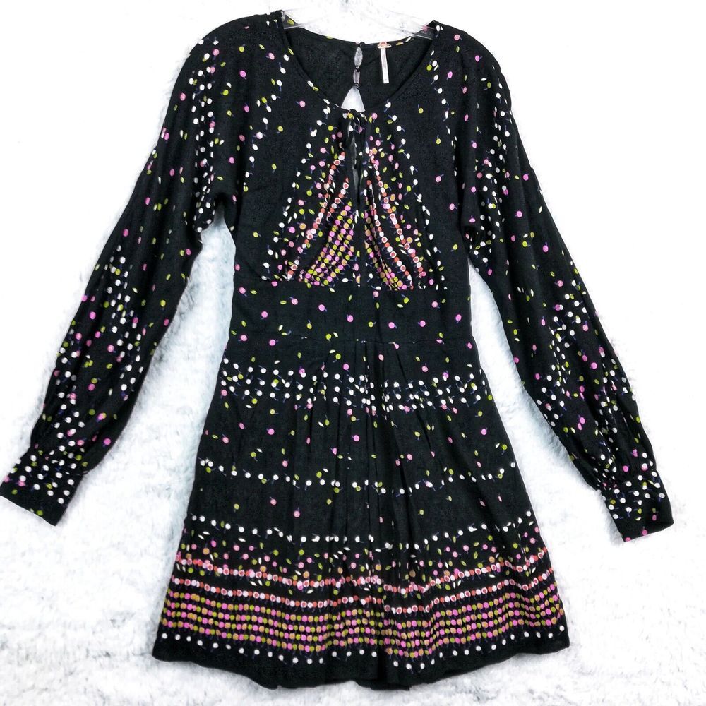 Free People Womens Dress Peasant Mini Printed Casual Black Tie Neck‎ Boho 6